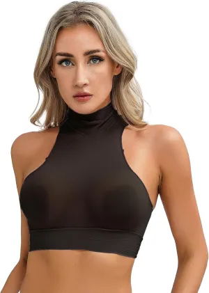 iiniim Women's Tank Top Sexy Crop Halter Top Sleeveless Solid Glossy Basic Camisole Sheer Tube Top