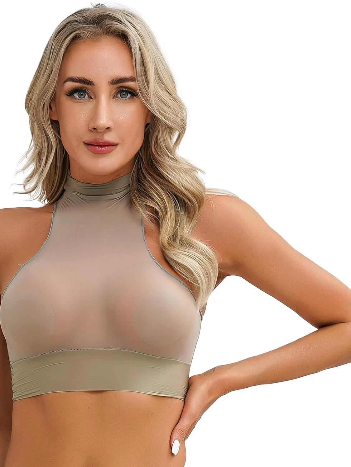iiniim Women's Tank Top Sexy Crop Halter Top Sleeveless Solid Glossy Basic Camisole Sheer Tube Top