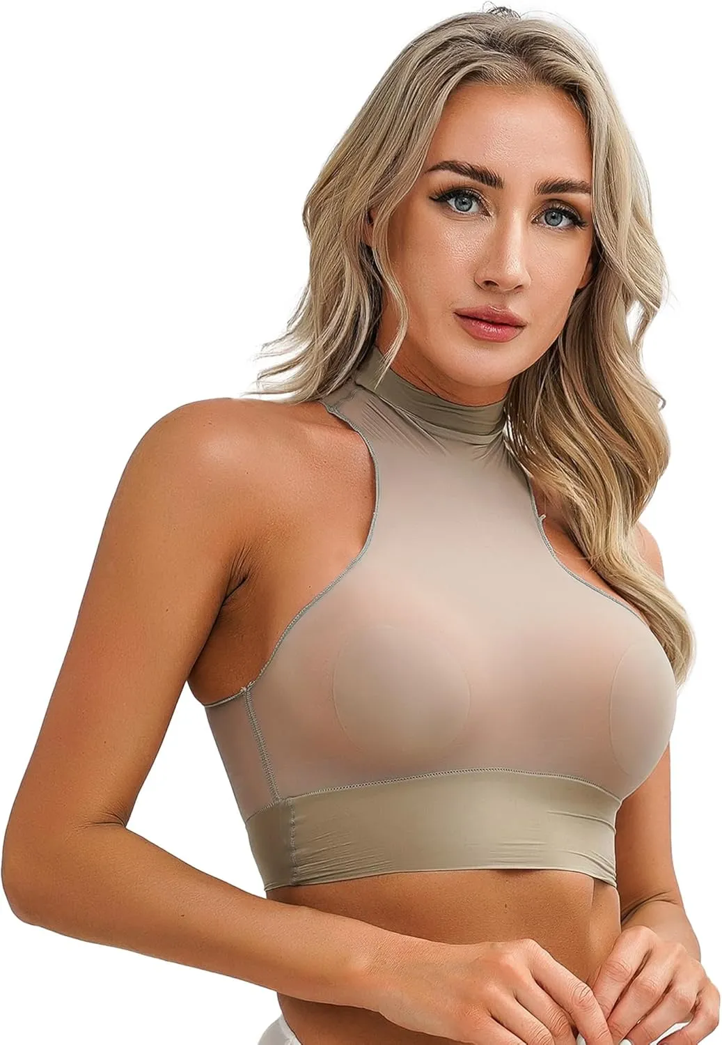 iiniim Women's Tank Top Sexy Crop Halter Top Sleeveless Solid Glossy Basic Camisole Sheer Tube Top