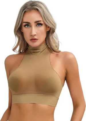 iiniim Women's Tank Top Sexy Crop Halter Top Sleeveless Solid Glossy Basic Camisole Sheer Tube Top