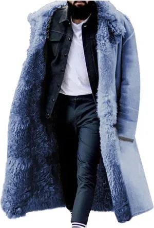 JIEMUXIU Sherpa Lined Long Jacket Men Faux Leather Shearling Jacket Fur Collar Furry Warm Coats Winter Fleece Parka Outwear