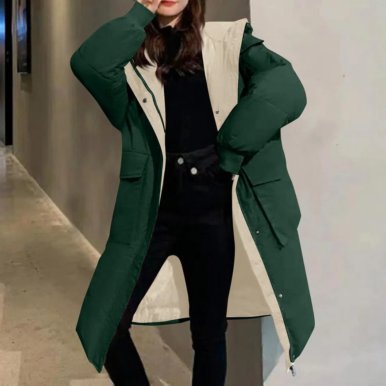 JOAU Women's Fashion Hooded Coat 2024 Quilted Long Puffer Jackets Warm Winter Zip Color Block Parka Coats Down Outerwear