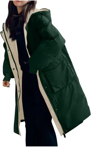 JOAU Women's Fashion Hooded Coat 2024 Quilted Long Puffer Jackets Warm Winter Zip Color Block Parka Coats Down Outerwear