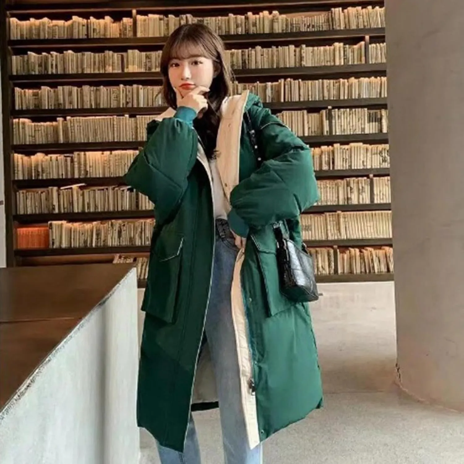 JOAU Women's Fashion Hooded Coat 2024 Quilted Long Puffer Jackets Warm Winter Zip Color Block Parka Coats Down Outerwear