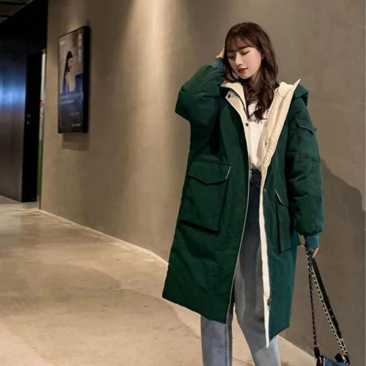 JOAU Women's Fashion Hooded Coat 2024 Quilted Long Puffer Jackets Warm Winter Zip Color Block Parka Coats Down Outerwear
