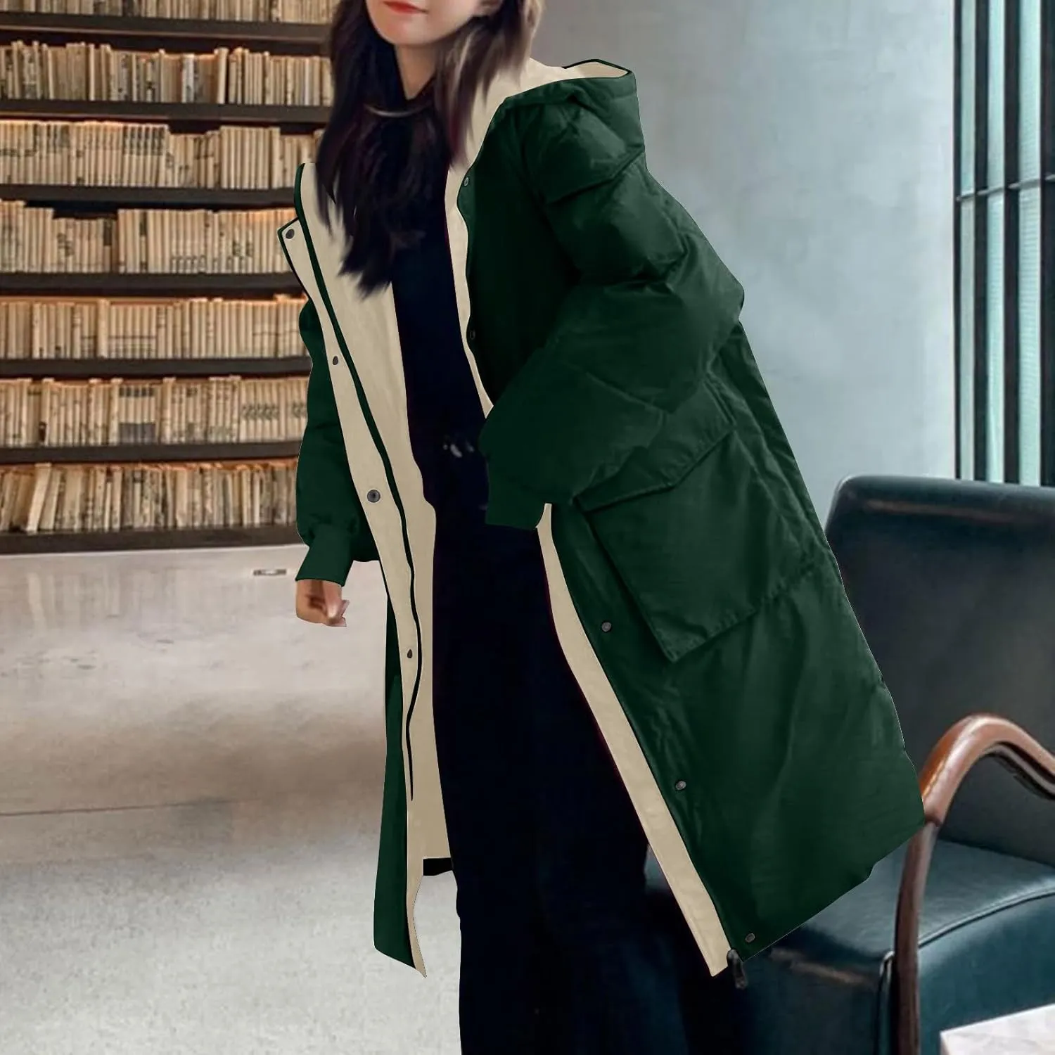 JOAU Women's Fashion Hooded Coat 2024 Quilted Long Puffer Jackets Warm Winter Zip Color Block Parka Coats Down Outerwear