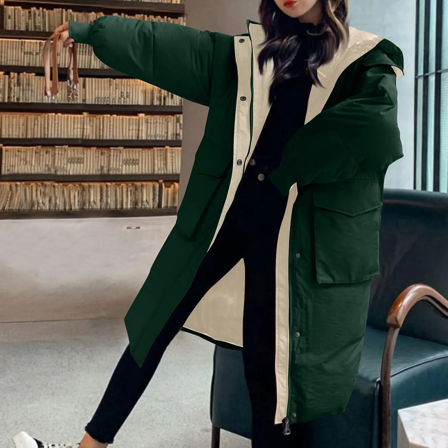 JOAU Women's Fashion Hooded Coat 2024 Quilted Long Puffer Jackets Warm Winter Zip Color Block Parka Coats Down Outerwear