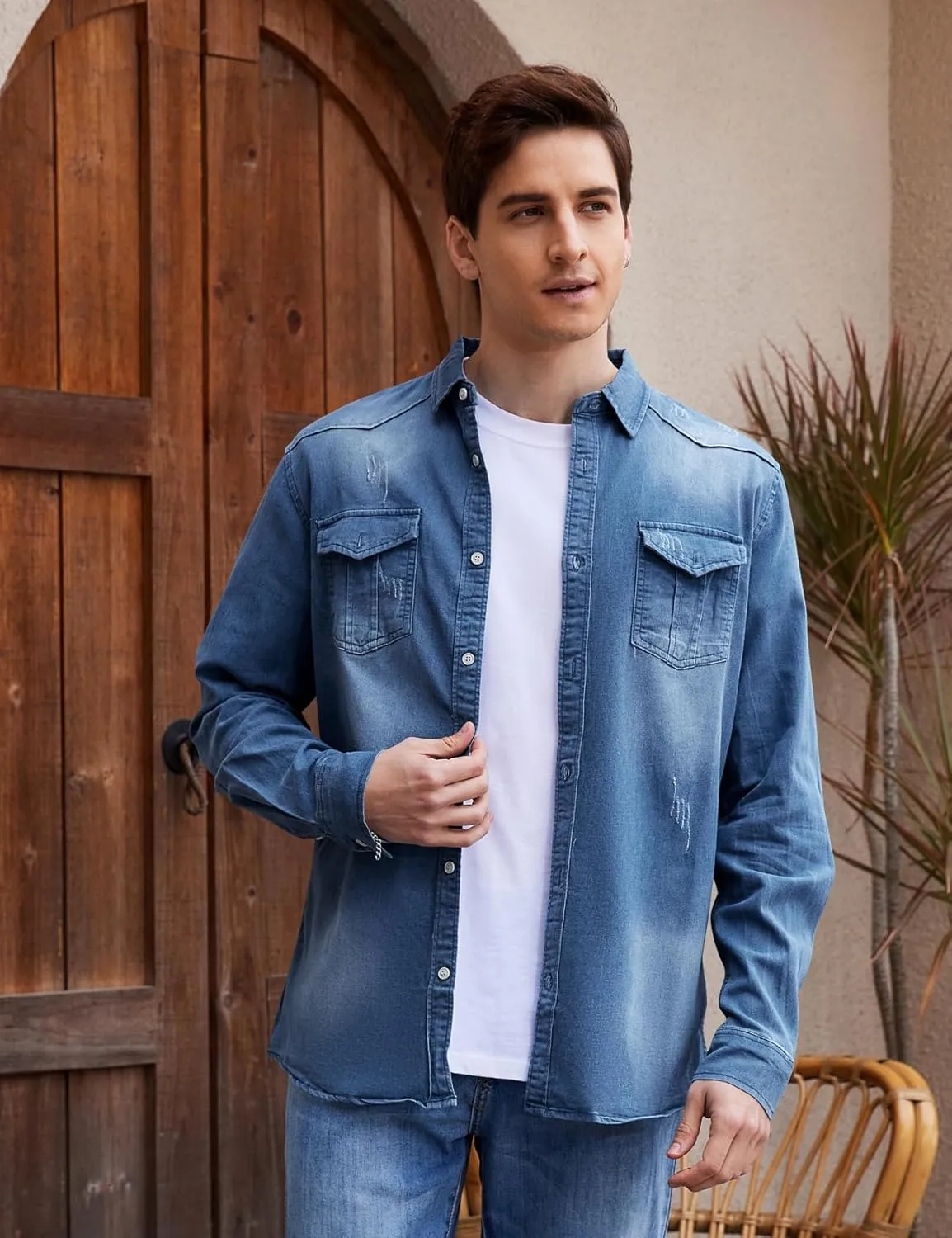 Kissonic Men's Denim Shirt Long Sleeve Button Down Shirt Lapel Jean Shirt Worn Washed Denim Shirts with Chest Pockets