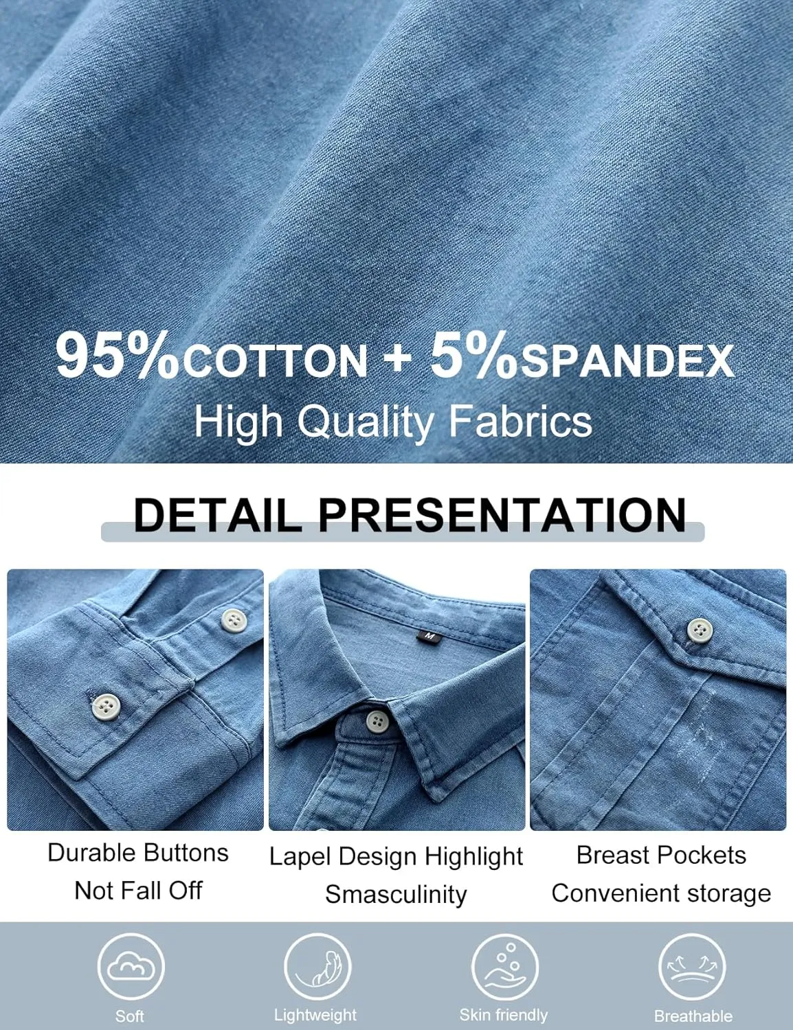 Kissonic Men's Denim Shirt Long Sleeve Button Down Shirt Lapel Jean Shirt Worn Washed Denim Shirts with Chest Pockets