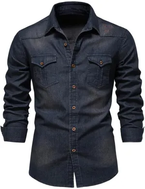 Kissonic Men's Denim Shirt Long Sleeve Button Down Shirt Lapel Jean Shirt Worn Washed Denim Shirts with Chest Pockets