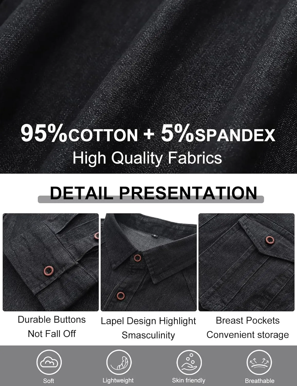 Kissonic Men's Denim Shirt Long Sleeve Button Down Shirt Lapel Jean Shirt Worn Washed Denim Shirts with Chest Pockets