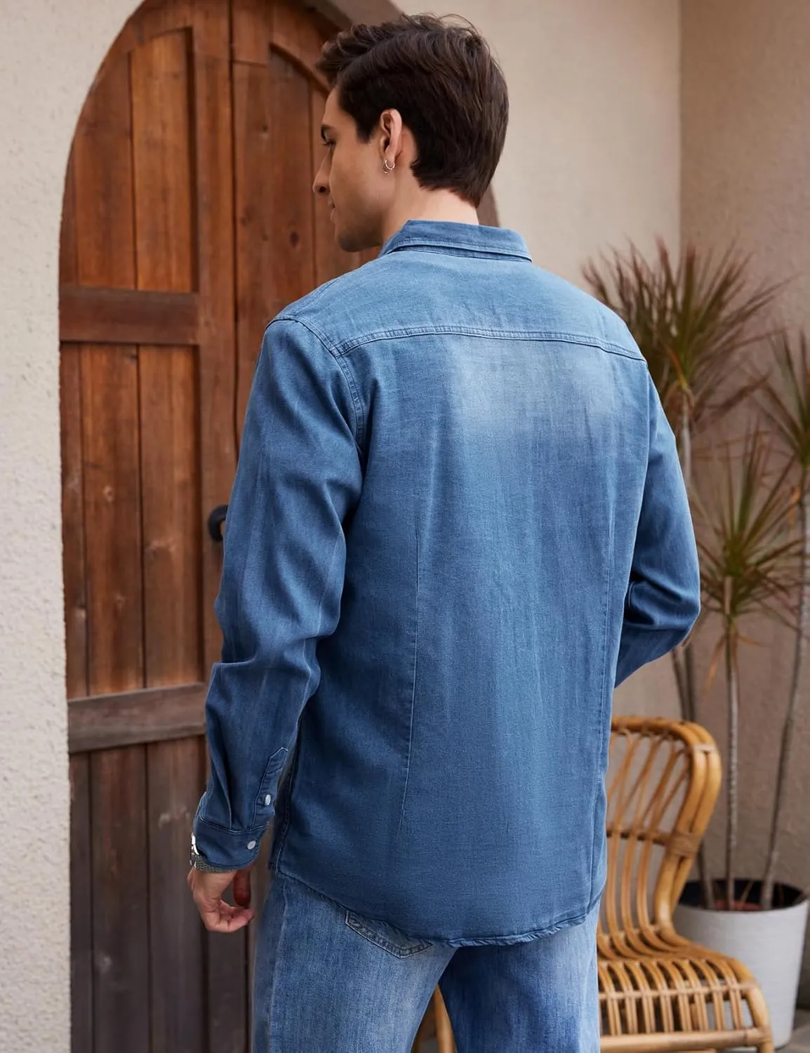 Kissonic Men's Denim Shirt Long Sleeve Button Down Shirt Lapel Jean Shirt Worn Washed Denim Shirts with Chest Pockets
