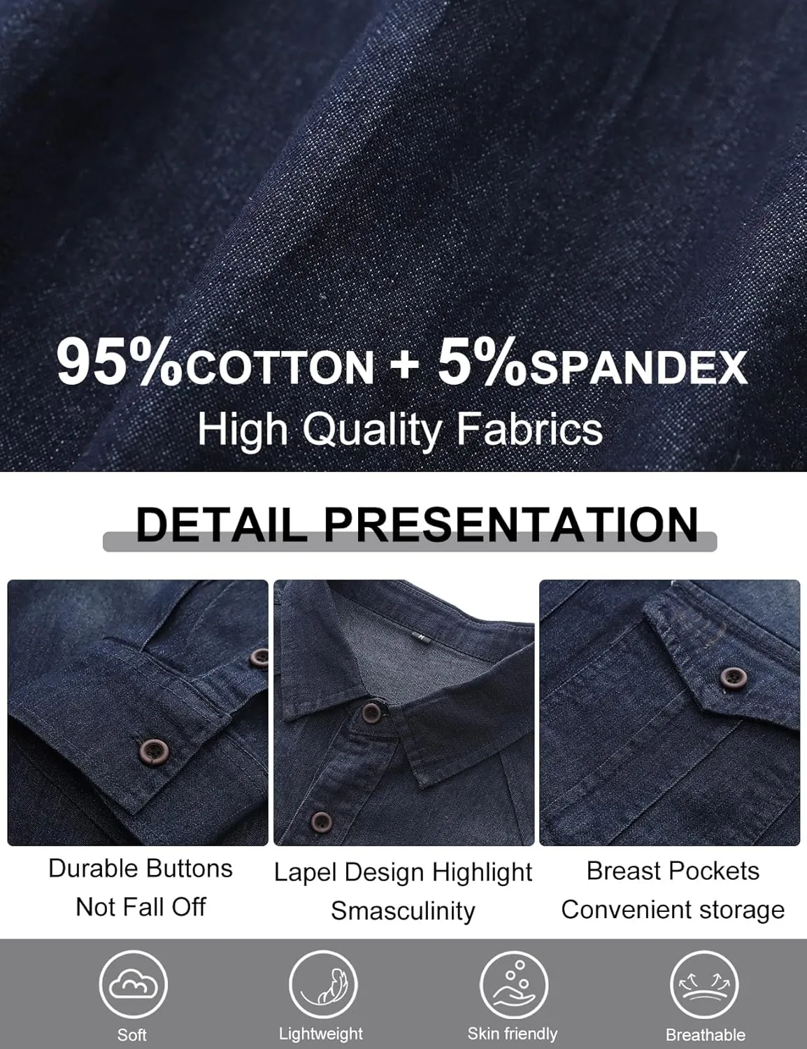 Kissonic Men's Denim Shirt Long Sleeve Button Down Shirt Lapel Jean Shirt Worn Washed Denim Shirts with Chest Pockets