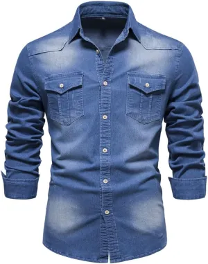 Kissonic Men's Denim Shirt Long Sleeve Button Down Shirt Lapel Jean Shirt Worn Washed Denim Shirts with Chest Pockets