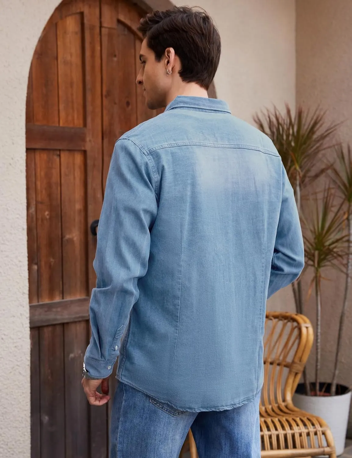 Kissonic Men's Denim Shirt Long Sleeve Button Down Shirt Lapel Jean Shirt Worn Washed Denim Shirts with Chest Pockets
