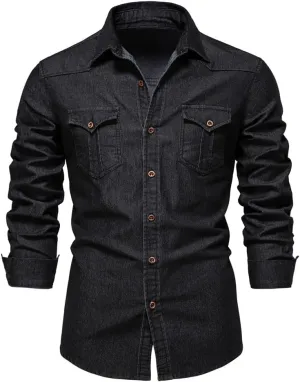 Kissonic Men's Denim Shirt Long Sleeve Button Down Shirt Lapel Jean Shirt Worn Washed Denim Shirts with Chest Pockets