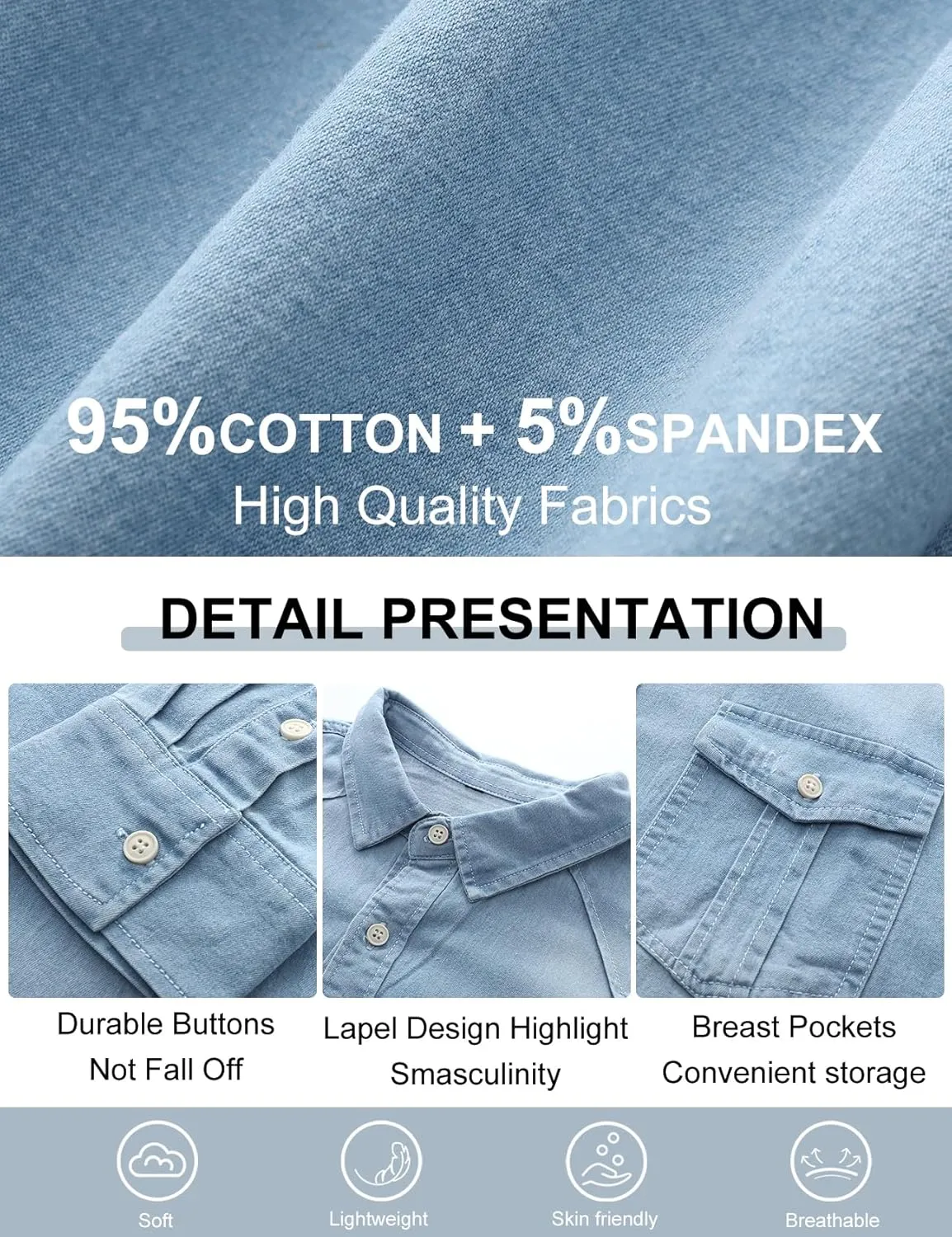 Kissonic Men's Denim Shirt Long Sleeve Button Down Shirt Lapel Jean Shirt Worn Washed Denim Shirts with Chest Pockets