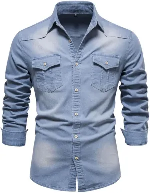 Kissonic Men's Denim Shirt Long Sleeve Button Down Shirt Lapel Jean Shirt Worn Washed Denim Shirts with Chest Pockets