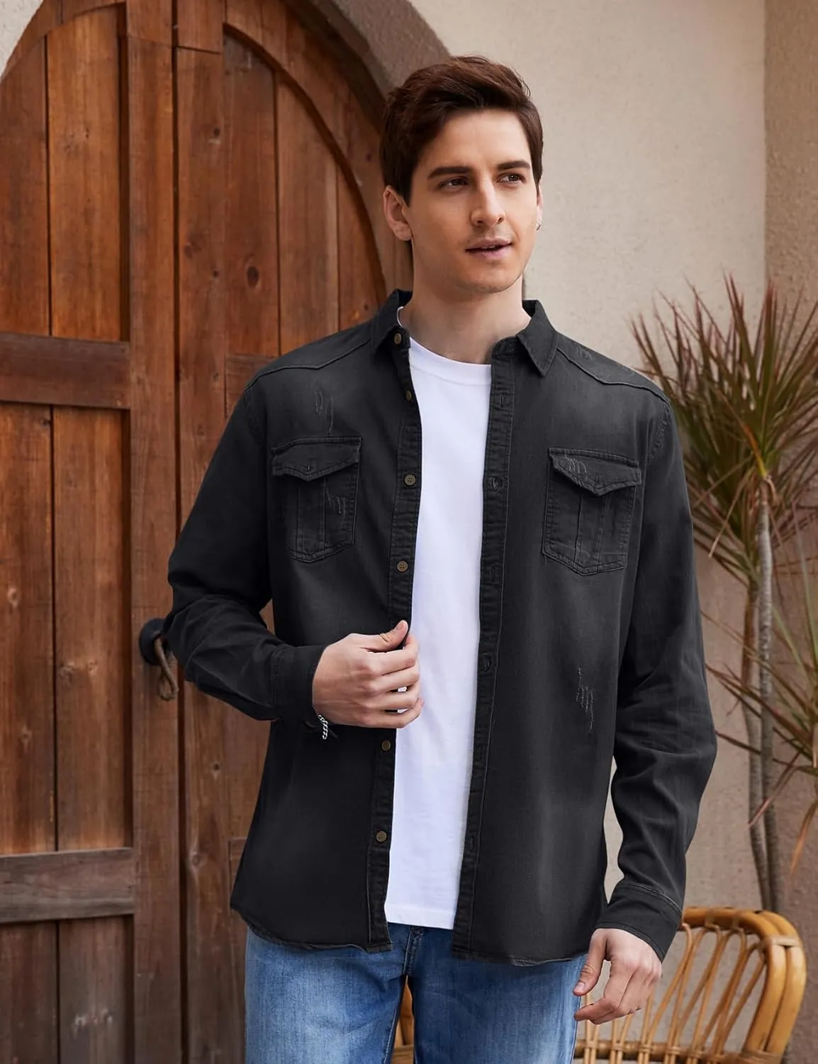 Kissonic Men's Denim Shirt Long Sleeve Button Down Shirt Lapel Jean Shirt Worn Washed Denim Shirts with Chest Pockets