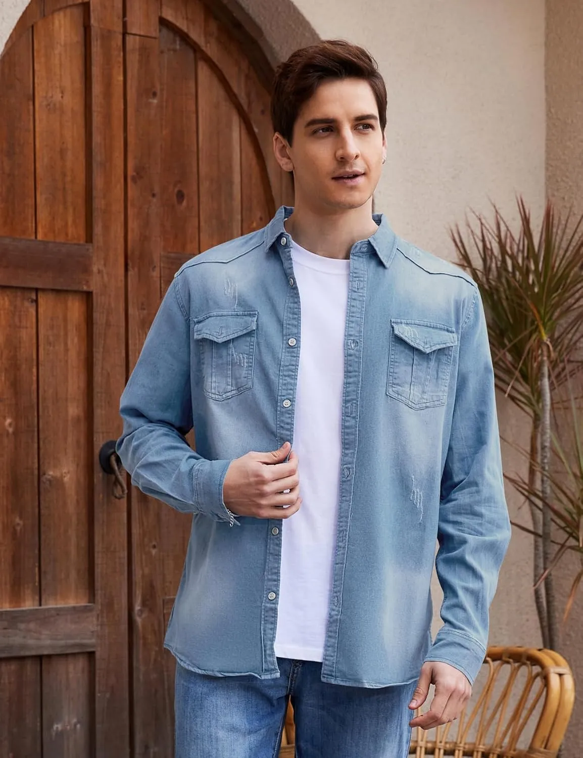 Kissonic Men's Denim Shirt Long Sleeve Button Down Shirt Lapel Jean Shirt Worn Washed Denim Shirts with Chest Pockets