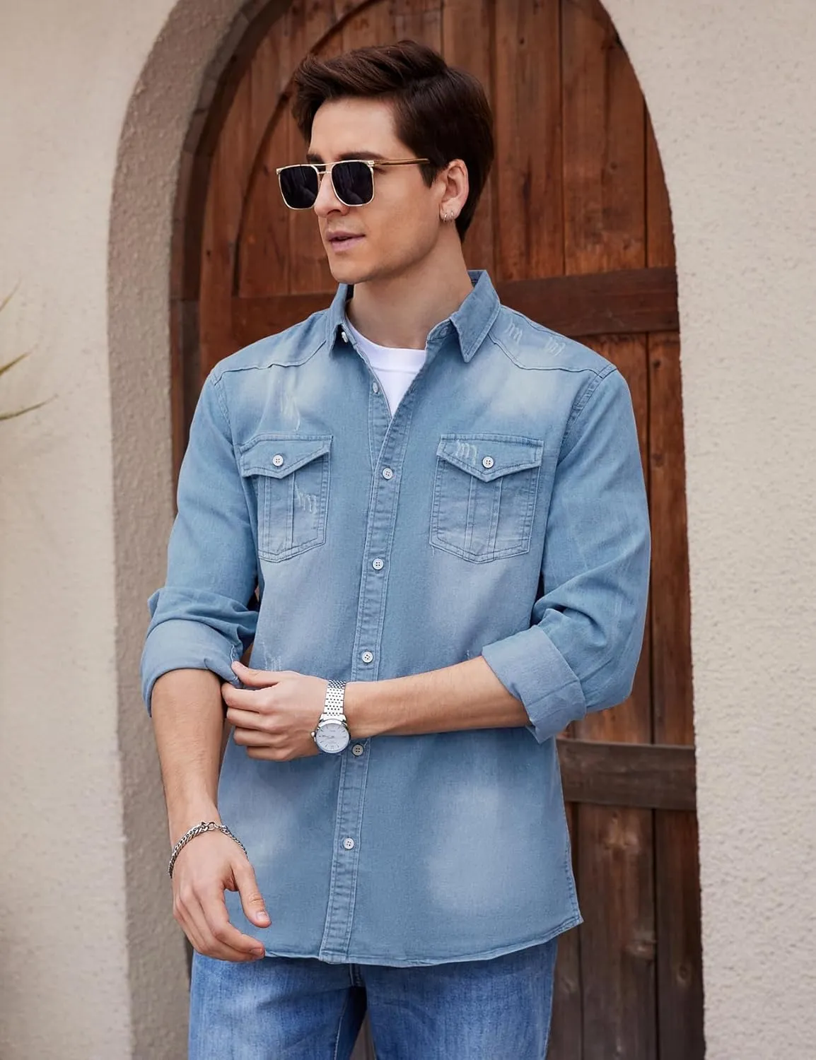 Kissonic Men's Denim Shirt Long Sleeve Button Down Shirt Lapel Jean Shirt Worn Washed Denim Shirts with Chest Pockets