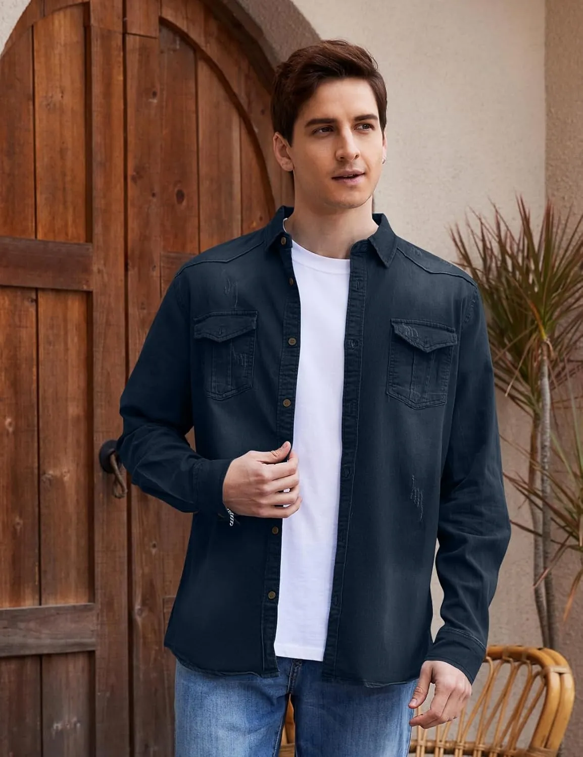 Kissonic Men's Denim Shirt Long Sleeve Button Down Shirt Lapel Jean Shirt Worn Washed Denim Shirts with Chest Pockets