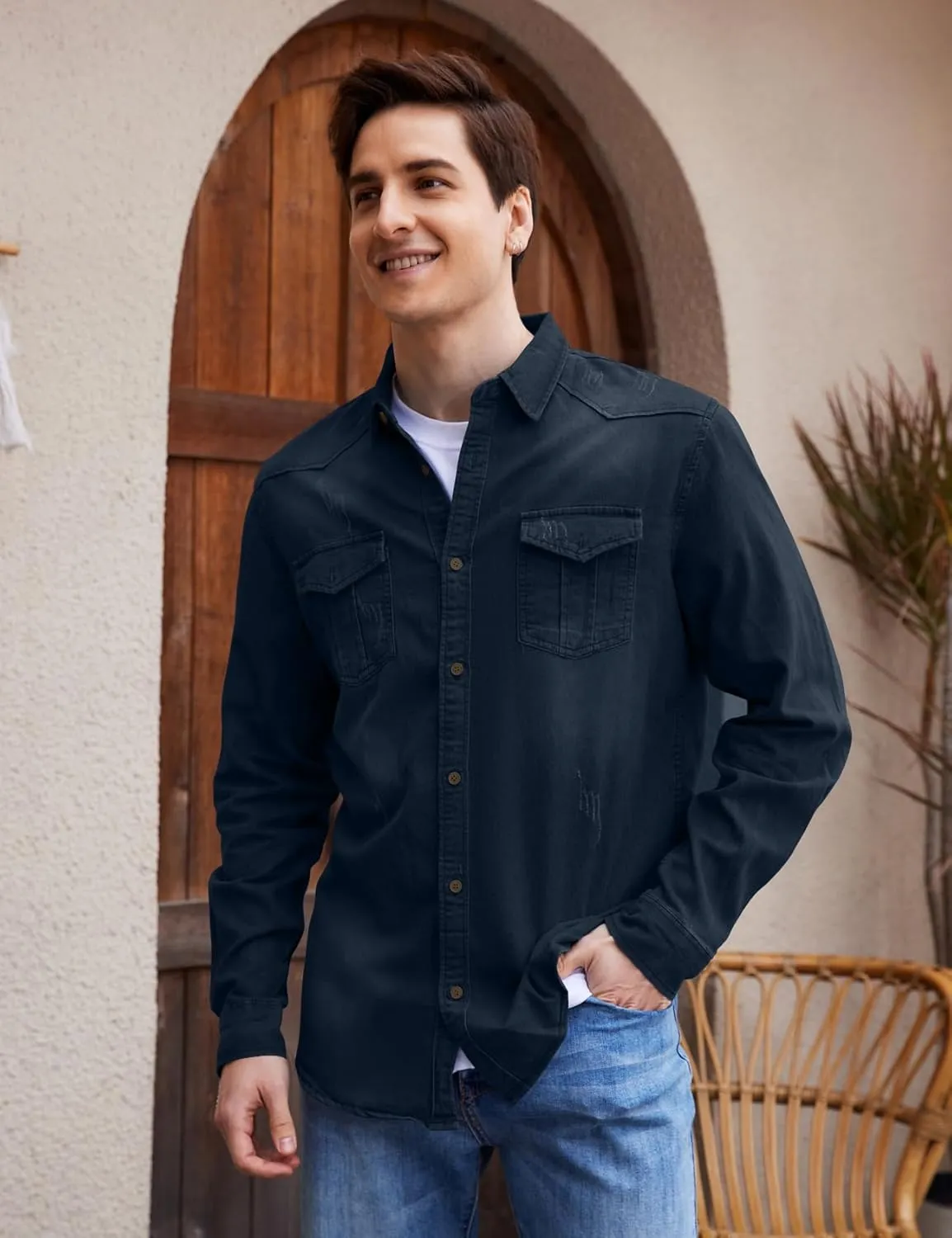 Kissonic Men's Denim Shirt Long Sleeve Button Down Shirt Lapel Jean Shirt Worn Washed Denim Shirts with Chest Pockets