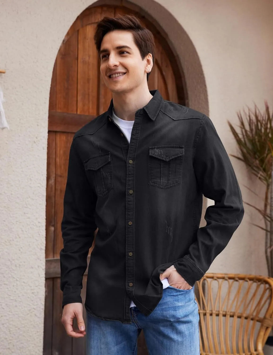 Kissonic Men's Denim Shirt Long Sleeve Button Down Shirt Lapel Jean Shirt Worn Washed Denim Shirts with Chest Pockets