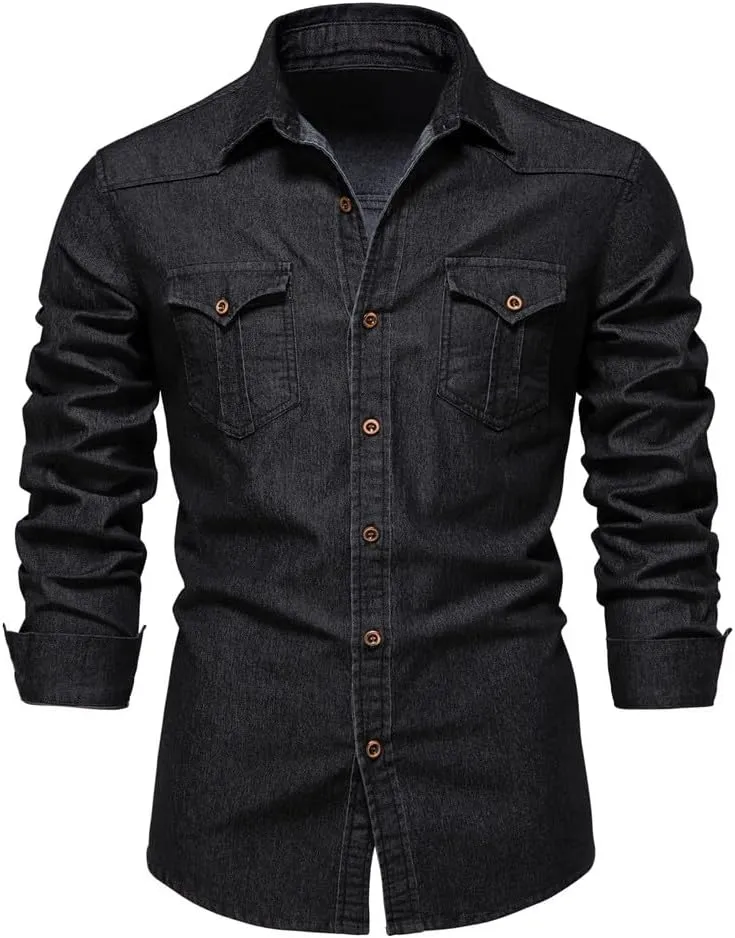 Kissonic Men's Denim Shirt Long Sleeve Button Down Shirt Lapel Jean Shirt Worn Washed Denim Shirts with Chest Pockets