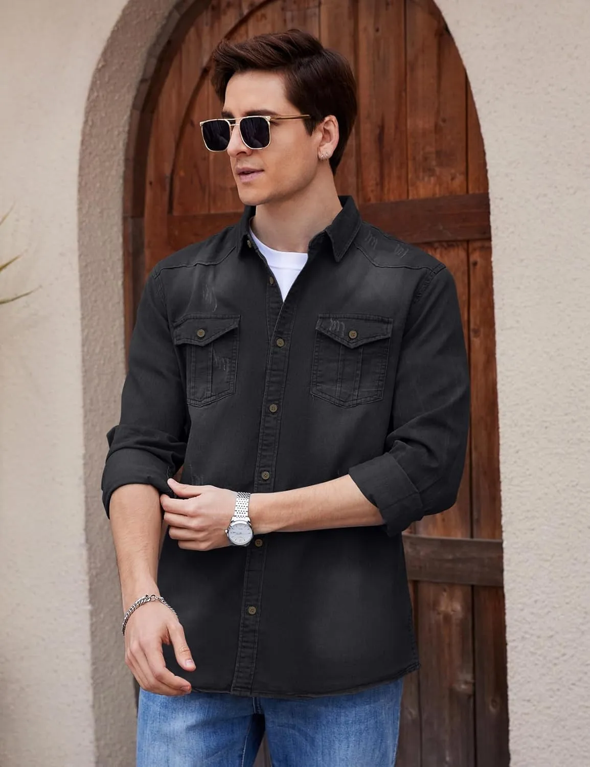Kissonic Men's Denim Shirt Long Sleeve Button Down Shirt Lapel Jean Shirt Worn Washed Denim Shirts with Chest Pockets
