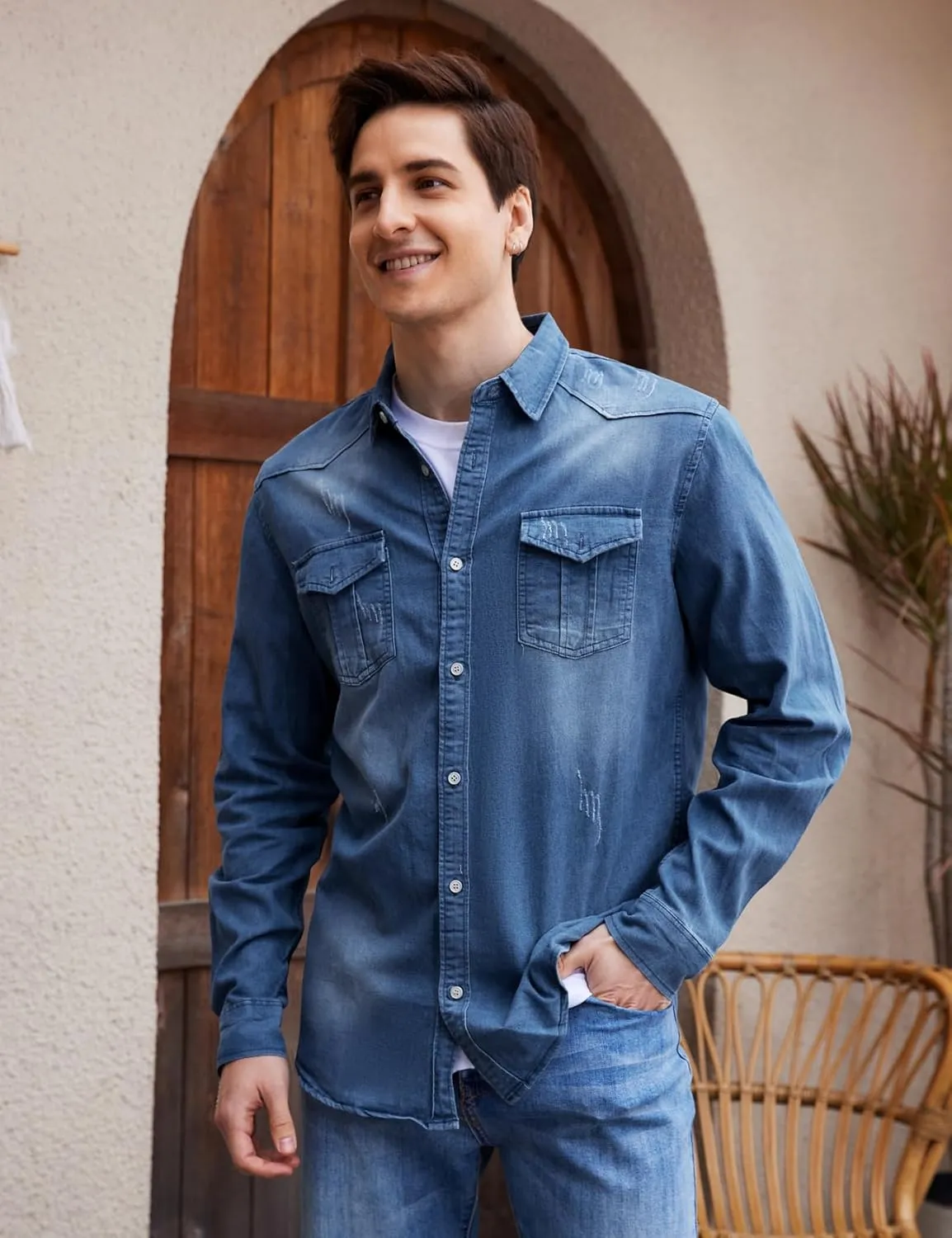 Kissonic Men's Denim Shirt Long Sleeve Button Down Shirt Lapel Jean Shirt Worn Washed Denim Shirts with Chest Pockets