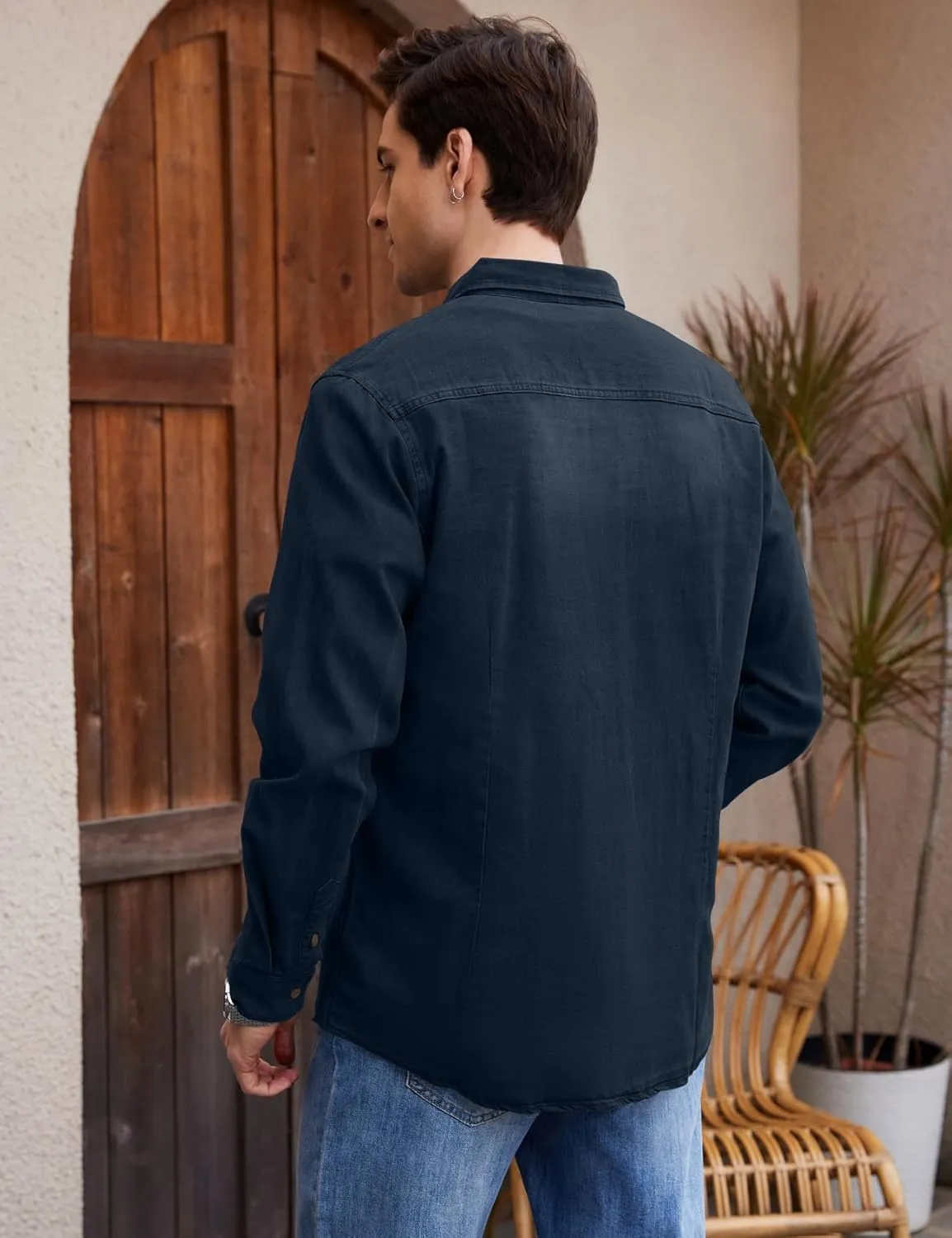 Kissonic Men's Denim Shirt Long Sleeve Button Down Shirt Lapel Jean Shirt Worn Washed Denim Shirts with Chest Pockets