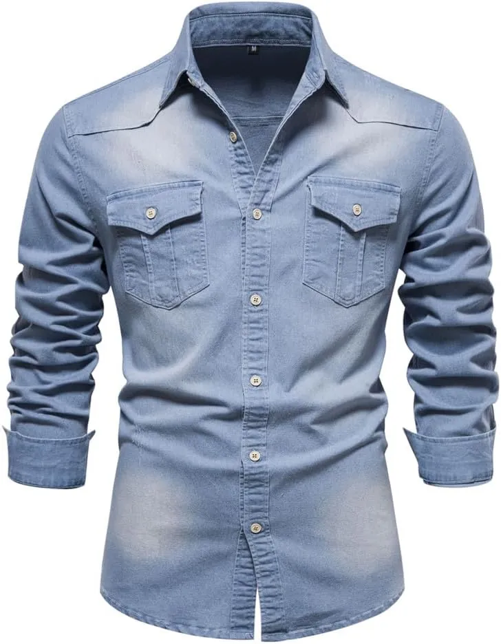 Kissonic Men's Denim Shirt Long Sleeve Button Down Shirt Lapel Jean Shirt Worn Washed Denim Shirts with Chest Pockets