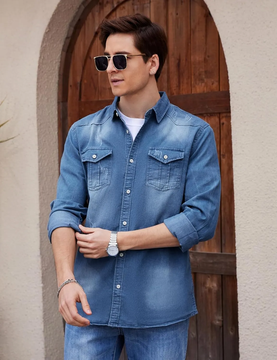 Kissonic Men's Denim Shirt Long Sleeve Button Down Shirt Lapel Jean Shirt Worn Washed Denim Shirts with Chest Pockets