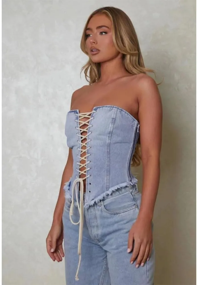 Kvor Women Vest Chic Shoulder Lady Corset Tube Top Sexy Jeans Camisole Top Denim Crop Top