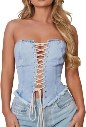 Kvor Women Vest Chic Shoulder Lady Corset Tube Top Sexy Jeans Camisole Top Denim Crop Top