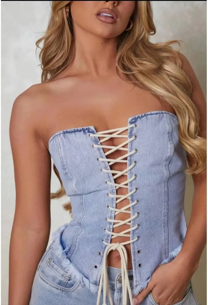 Kvor Women Vest Chic Shoulder Lady Corset Tube Top Sexy Jeans Camisole Top Denim Crop Top