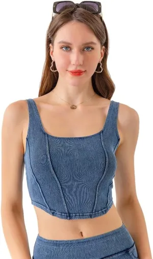 Kvor Women Vest Chic Shoulder Lady Corset Tube Top Sexy Jeans Camisole Top Denim Crop Top
