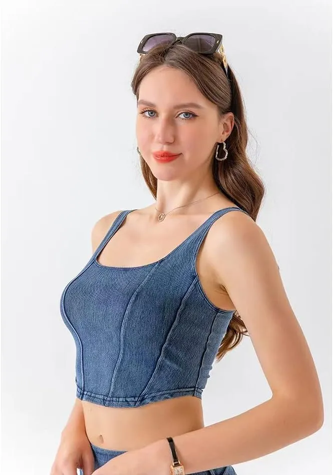 Kvor Women Vest Chic Shoulder Lady Corset Tube Top Sexy Jeans Camisole Top Denim Crop Top