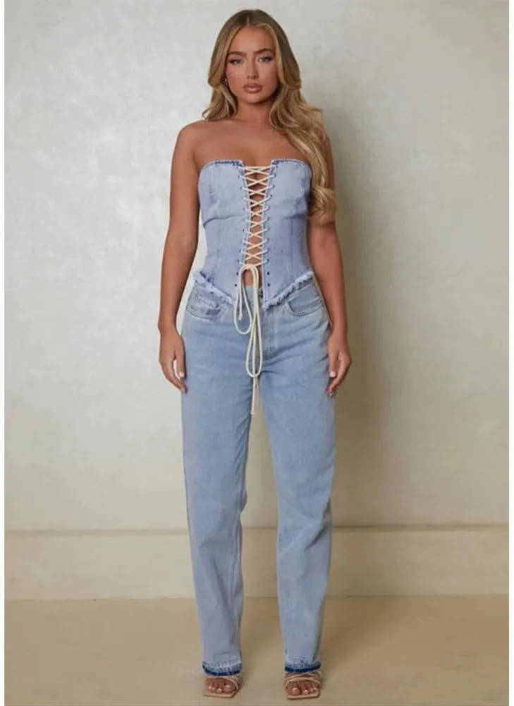 Kvor Women Vest Chic Shoulder Lady Corset Tube Top Sexy Jeans Camisole Top Denim Crop Top