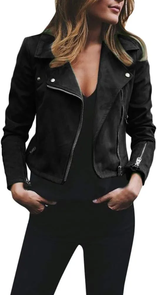 LCMTWX Womens Faux Leather Long Sleeve Jackets Collar Long Sleeve Outwear Cool Slim Jacket Coat for Plus Size Moto Biker