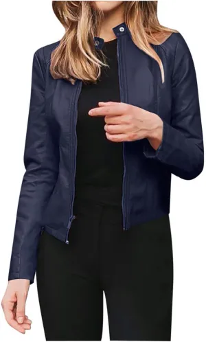 LCMTWX Womens Faux Leather Long Sleeve Jackets Collar Long Sleeve Outwear Cool Slim Jacket Coat for Plus Size Moto Biker