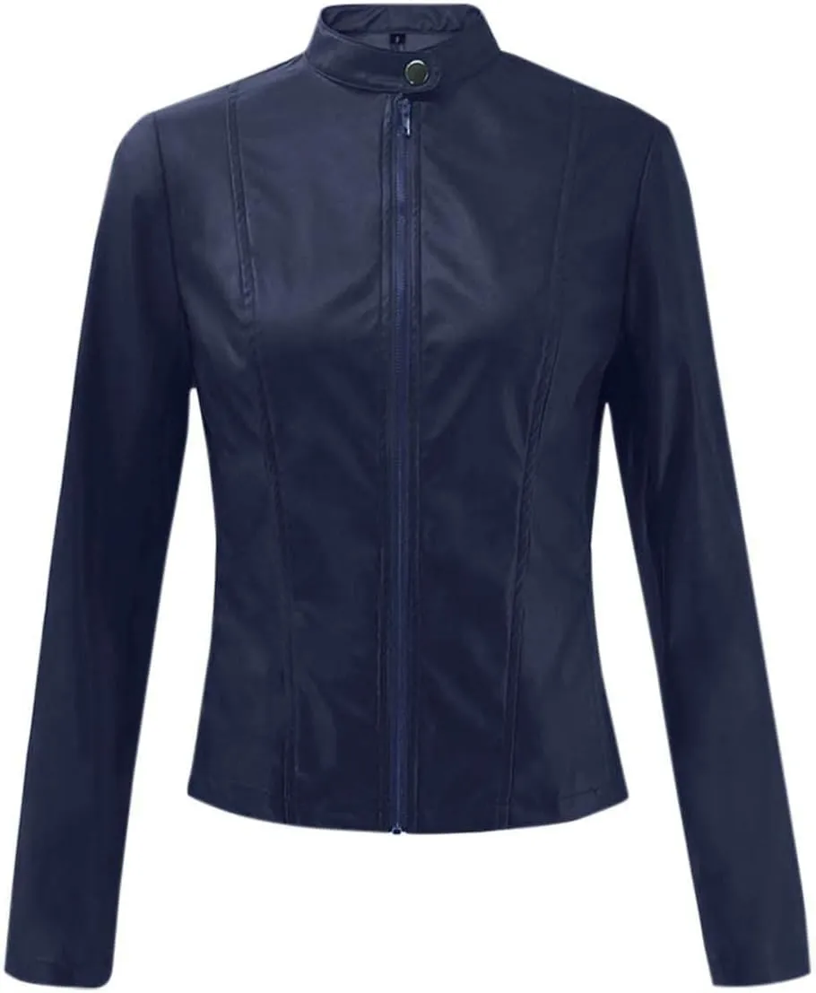 LCMTWX Womens Faux Leather Long Sleeve Jackets Collar Long Sleeve Outwear Cool Slim Jacket Coat for Plus Size Moto Biker