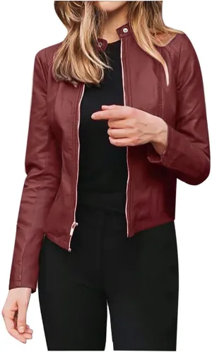 LCMTWX Womens Jacket Solid Full Zip Snap Stand Collar Long Sleeve Cardigan Slim Jacket Coat for Vacation Motorcycle Red