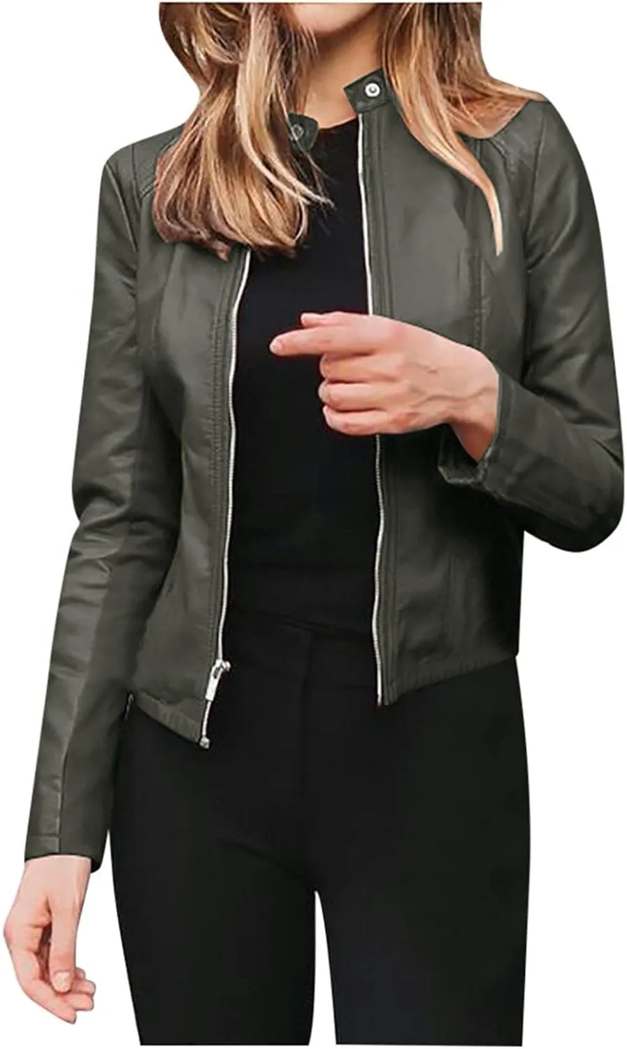 LCMTWX Womens Jacket Solid Full Zip Snap Stand Collar Long Sleeve Cardigan Slim Jacket Coat for Vacation Motorcycle Red