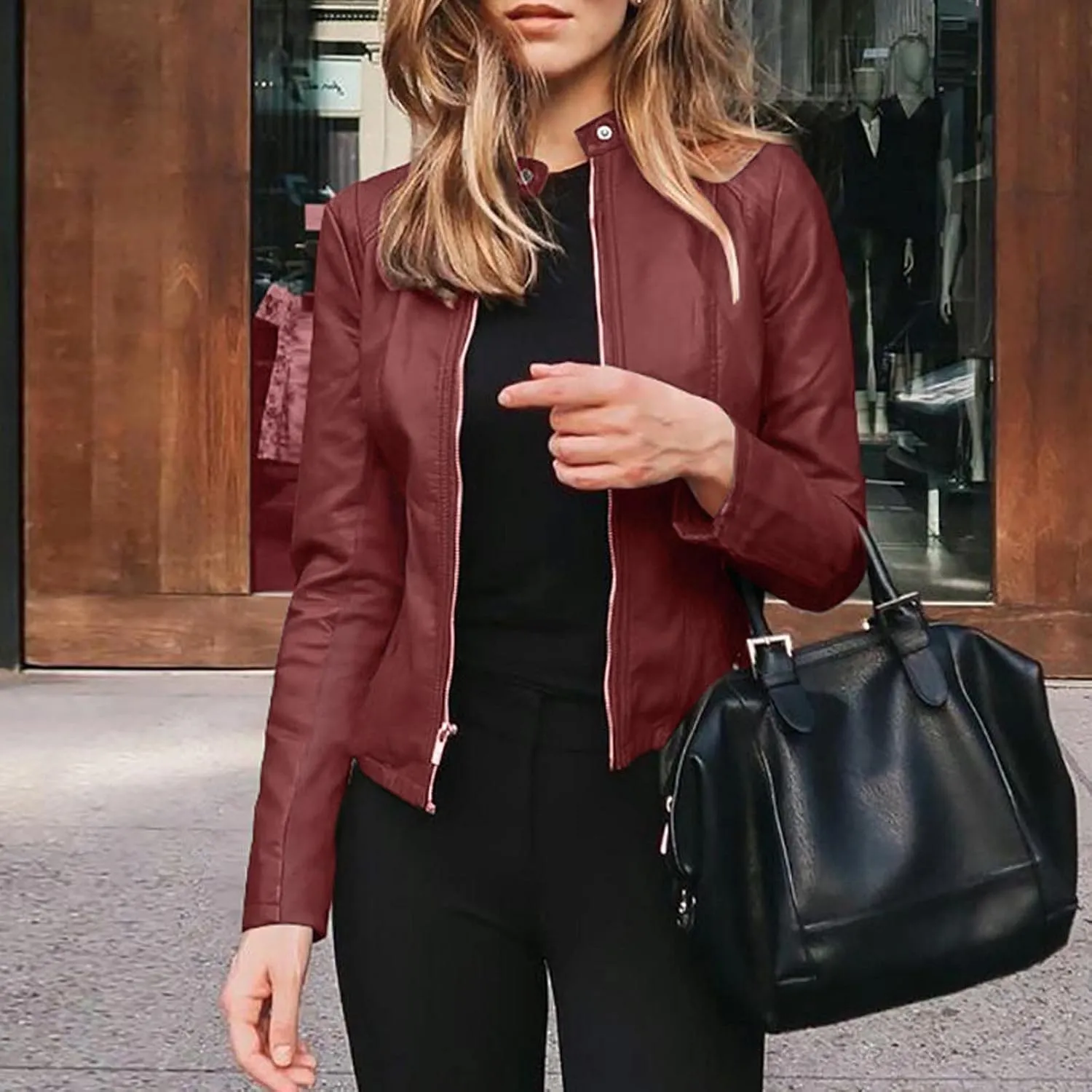 LCMTWX Womens Jacket Solid Full Zip Snap Stand Collar Long Sleeve Cardigan Slim Jacket Coat for Vacation Motorcycle Red