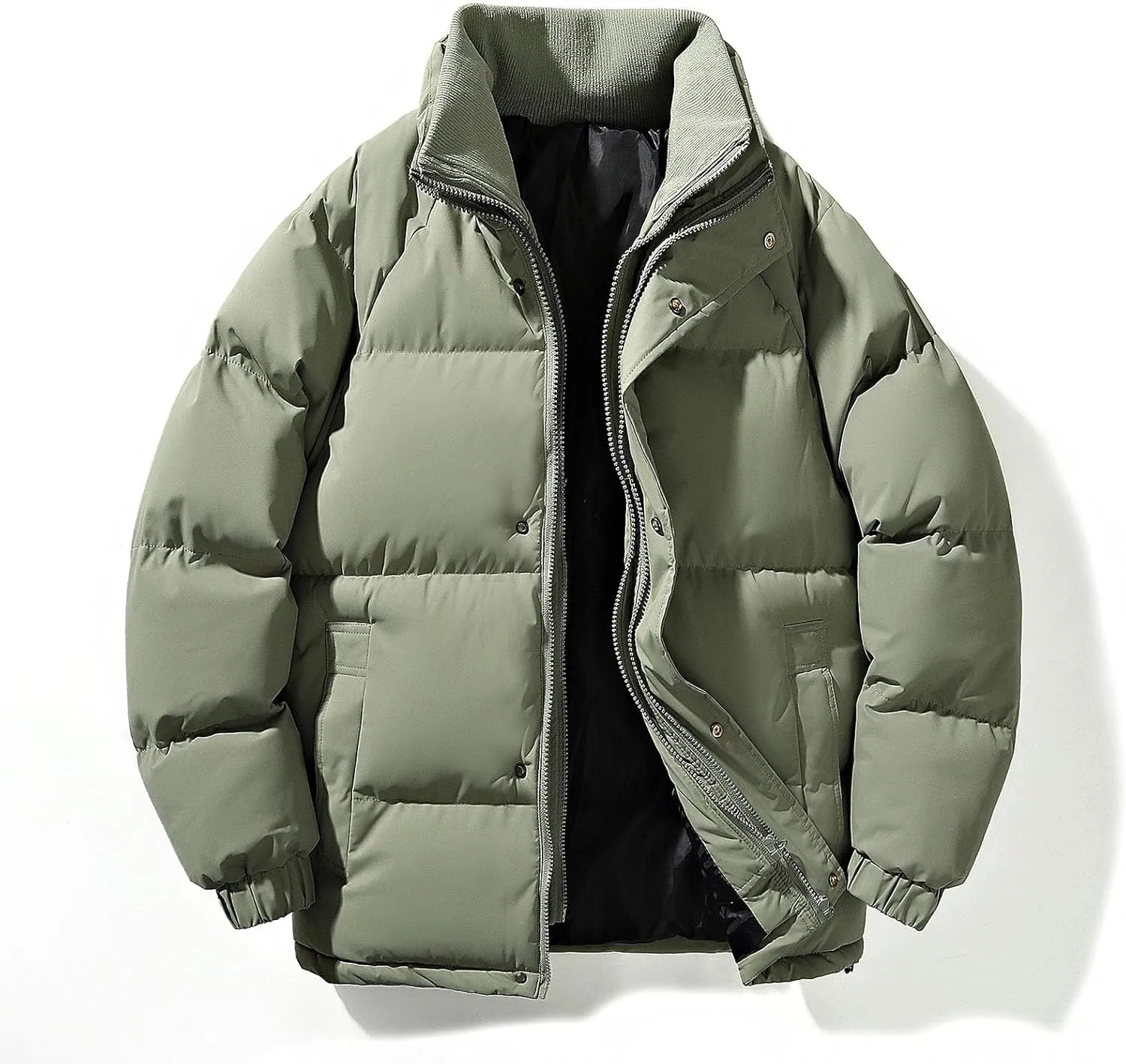 lcziwo Mens Oversized Winter Puffer Jacket Double Zipper Stand Collar Warm Quilted Coat Thick Outdoor Cotton-Padded Jacket
