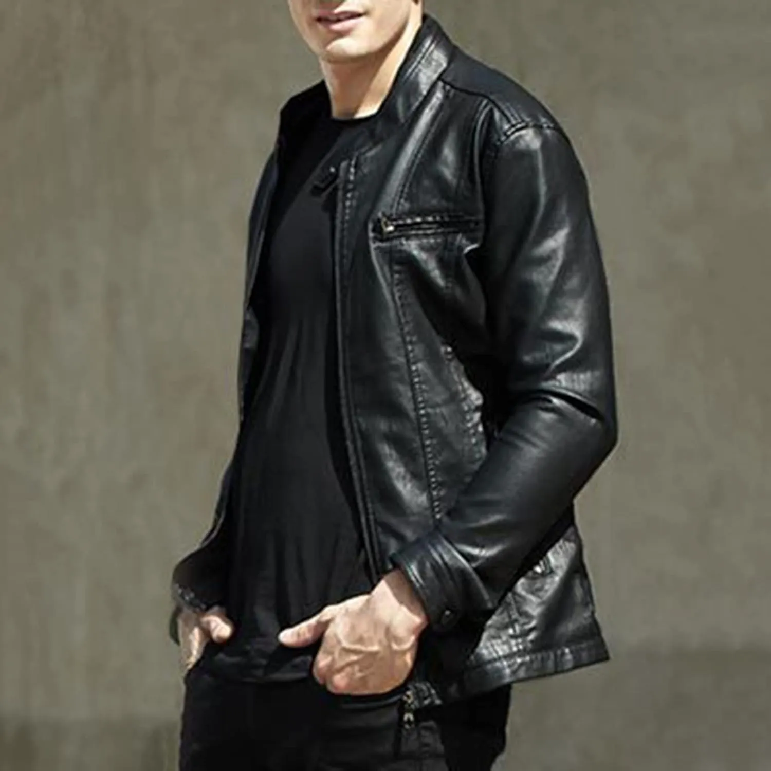 Leather Motorcycle Jacket Casual Solid Color Zipper Pocket Leather Jacket Coat Mens Winter Jackets Textile