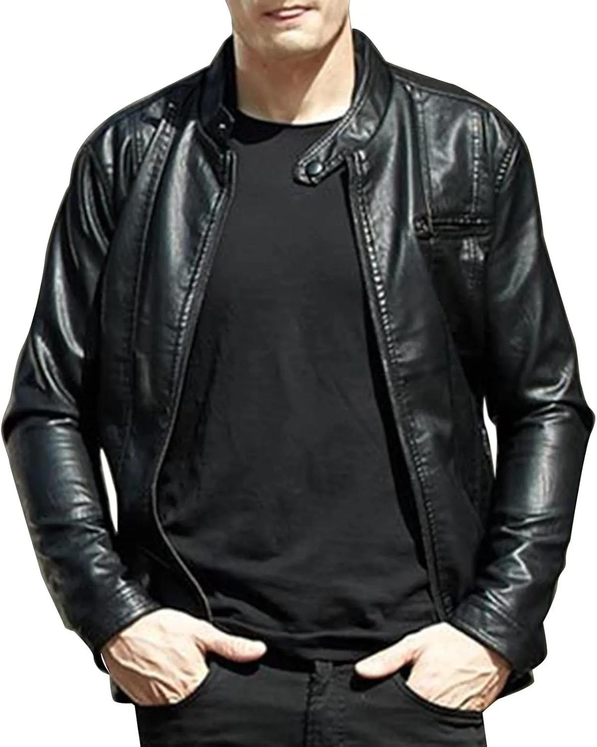 Leather Motorcycle Jacket Casual Solid Color Zipper Pocket Leather Jacket Coat Mens Winter Jackets Textile