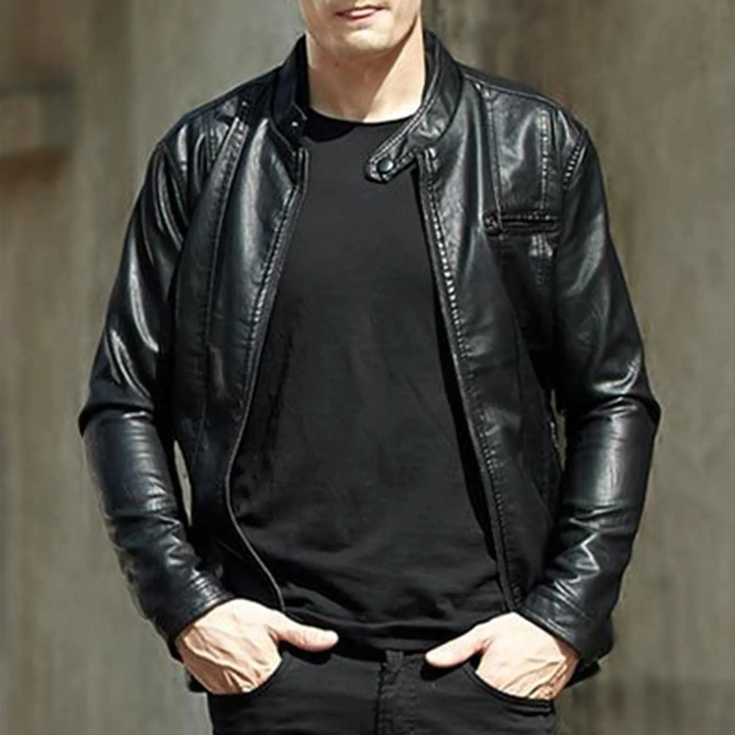 Leather Motorcycle Jacket Casual Solid Color Zipper Pocket Leather Jacket Coat Mens Winter Jackets Textile